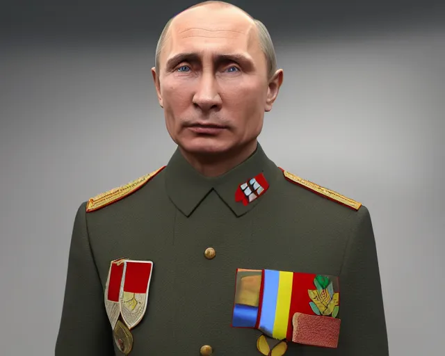 Prompt: vladimir putin wearing a world war two german nazi uniform, highly detailed, rtx, unreal engine 5, 8 k, symmetrical face, good quality, fool body view,