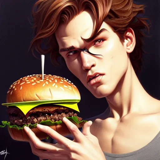 Prompt: Maxmoefoe eating a burger, closeup, D&D style, fantasy, intricate, elegant, highly detailed, digital painting, artstation, concept art, matte, sharp focus, illustration, art by Artgerm and Greg Rutkowski and Alphonse Mucha