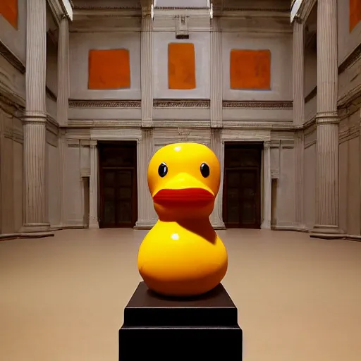 Image similar to 1 8 mm f / 8 wide shot, one! photorealistic rubber duck in foreground on a pedestal in an cavernous museum gallery, metropolitan museum of art, the walls are covered with colorful geometric wall paintings in the style of sol lewitt, tall arched stone doorways, through the doorways are more wall paintings in the style of sol lewitt.