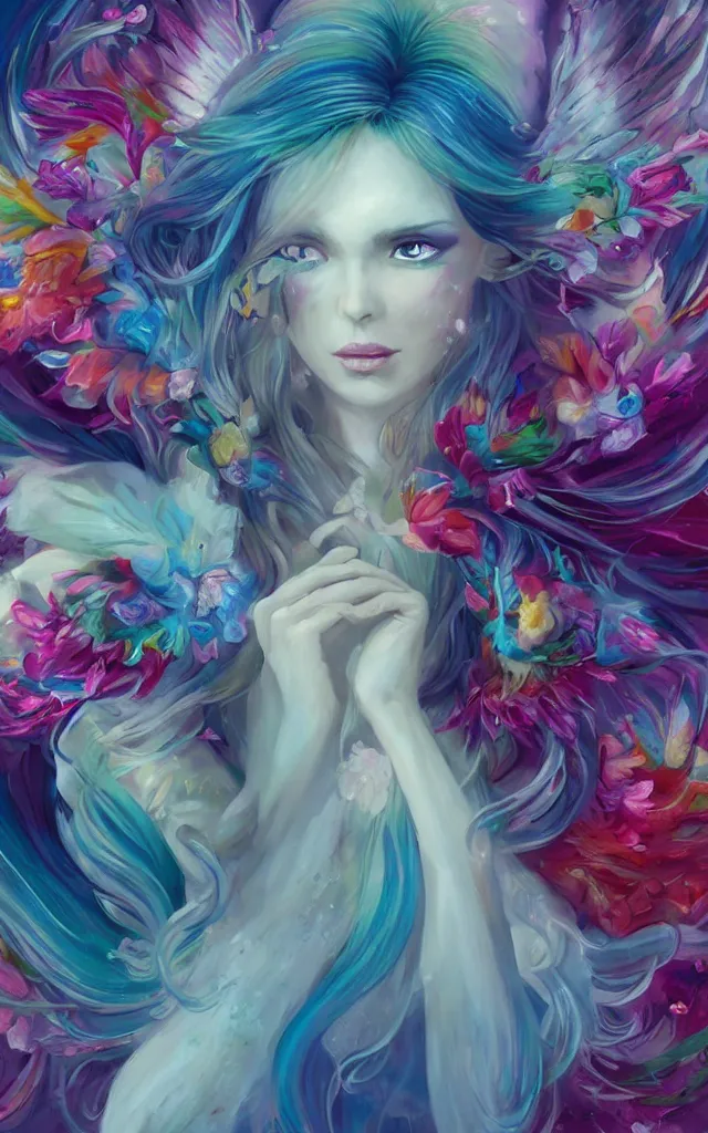 Prompt: a colorful and provenance portrait painting of angel with her hugeflowers wings spread out gracefully, highly saturated colors, teardrop eyes open, highly detailed, hair made of hair made of air wind and curling smoke, mist, dust, genie, flowers, flower, spirit fantasy concept art, art by charlie bowater and aenami, trending on artstation.