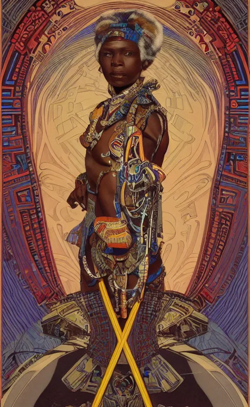 Image similar to a retro futuristic african tribal chief, art by joseph christian leyendecker, design blocking by alphonso mucha, poster design by drew struzan, highly detailed, digital painting, concept art, smooth sharp focus, intricate, symmetry,