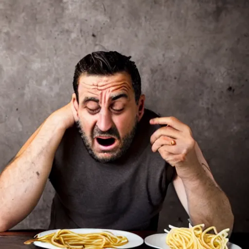 Image similar to Italian man is crying over his ruined spaghetti. A french person with a baguette laughs nearby.