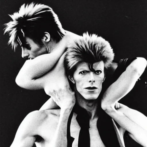 Image similar to david bowie getting a piggy back ride from ziggy stardust