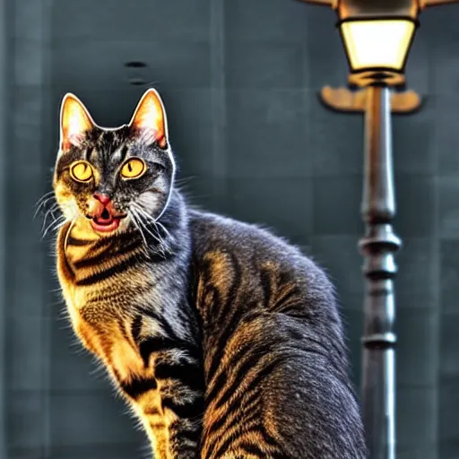 Prompt: Wow, the tongue of this cat is really stuck to the lamp post! Poor thing, it's so cold.