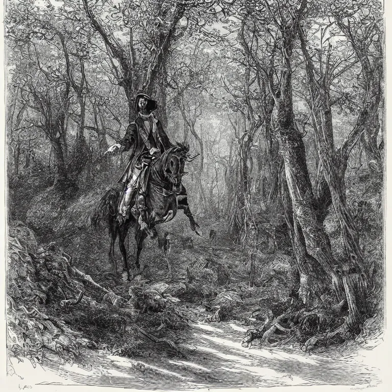 Prompt: an engraving of a highwayman standing in the interior of a forest by gustave dore, ian miller, highly detailed, strong shadows, depth, illuminated focal point, lithograph engraving