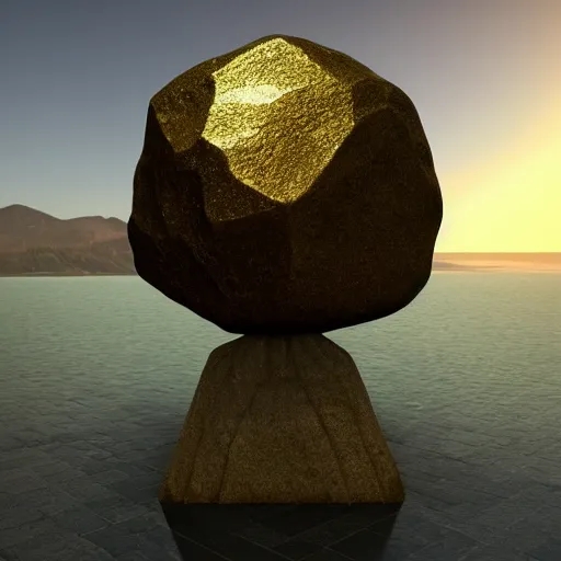 Prompt: Large reflective rock on a pedestal in a museum,detailed,digital art, in the style of a Instagram profile picture, majestic, golden hour, artstation, concept art
