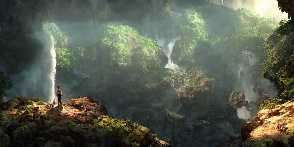 Prompt: a film still from uncharted by craig mullins, of a hidden pirate ship in a volcanic waterfall cave from, medium shot, waist up, studio ghibli, pixar and disney animation, sharp, rendered in unreal engine 5, bloom, dramatic lighting