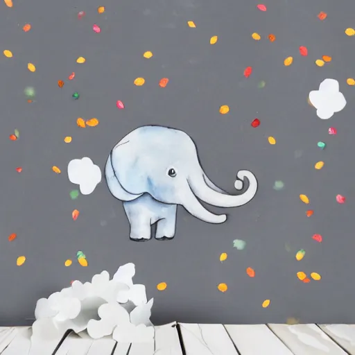 Image similar to watercolor gray baby elephant with trunk up in air and confetti flying in air, white background, blank background