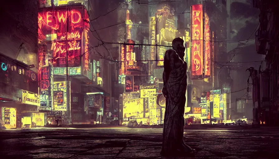 Image similar to a small weathered ancient greek sculpture standing in a square, surrounding by of cyberpunk city, neon sign, bladerunner, digital illustration, artstation, cinematic composition