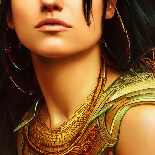 Image similar to a closeup portrait of a young mila kunis as cleopatra, gorgeous view, pyramid background, masterpiece, illustration by artgerm and greg rutkowski and alphonse mucha, digital art, trending on artstation