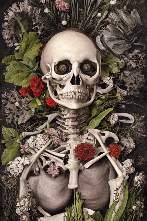 Prompt: an anatomical man with large eyes and lips laying in bed of bones of flowers, he feels an existential dread of love, HD Mixed media, highly detailed and intricate, surreal illustration in the style of Caravaggio, baroque dark art