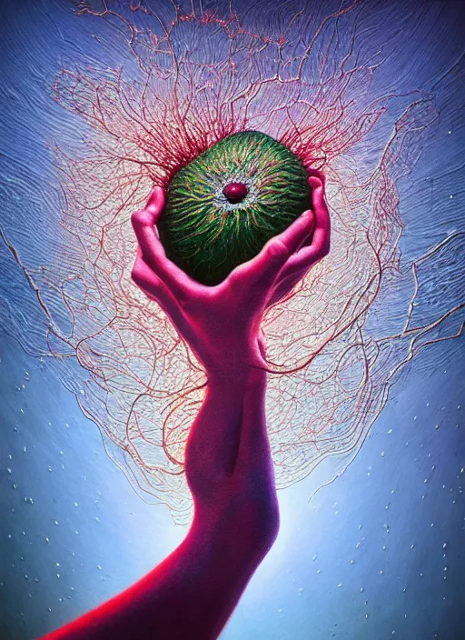 Image similar to hyper detailed 3d render like a Oil painting - Aurora (Singer) Eats of the Strangling Fruit and Her delicate Hands present the gossamer thin polyp celium blossoms bring iridescent fungal flowers whose spores black the foolish stars by Jacek Yerka, Mariusz Lewandowski, Houdini algorithmic generative render, Abstract brush strokes, Masterpiece, Edward Hopper and James Gilleard, Zdzislaw Beksinski, Mark Ryden, Wolfgang Lettl, hints of Yayoi Kasuma, octane render, unreal engine 5 render, 8k