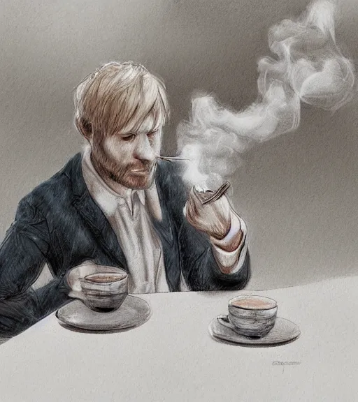 Image similar to Portrait of Antti Kervinen drinking coffee, in the park, charchoal drawing, dimly lit, wispy smoke, intricate, highly detailed, digital painting, artstation, concept art, sharp focus, illustration, art by einar jonsson