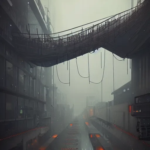 Image similar to raining dark smog wide angle shot machinery dieselpunk dystopia corrogated steel overhead walkway trending on artstation megalomaniac city