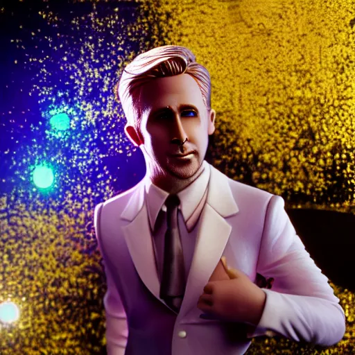 Prompt: Ryan Gosling with silver-violet hair, white eyes and golden glittery dress, wide lens, diorama, 4k,