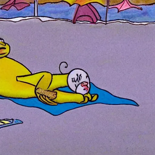 Prompt: lemonman cartoon character is relaxing on a beach, inspired by dalle 2 generations.