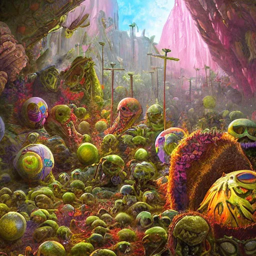 Prompt: extraterrestrial rebirth of life in the land as new era of peace and prosperity begins, flowers and fruits, banners, on ancient post - apocalyptic planet, jim henson creature shop, vivid and colorful, thomas kincaid, cinematic, oil painting, highly detailed, illustration