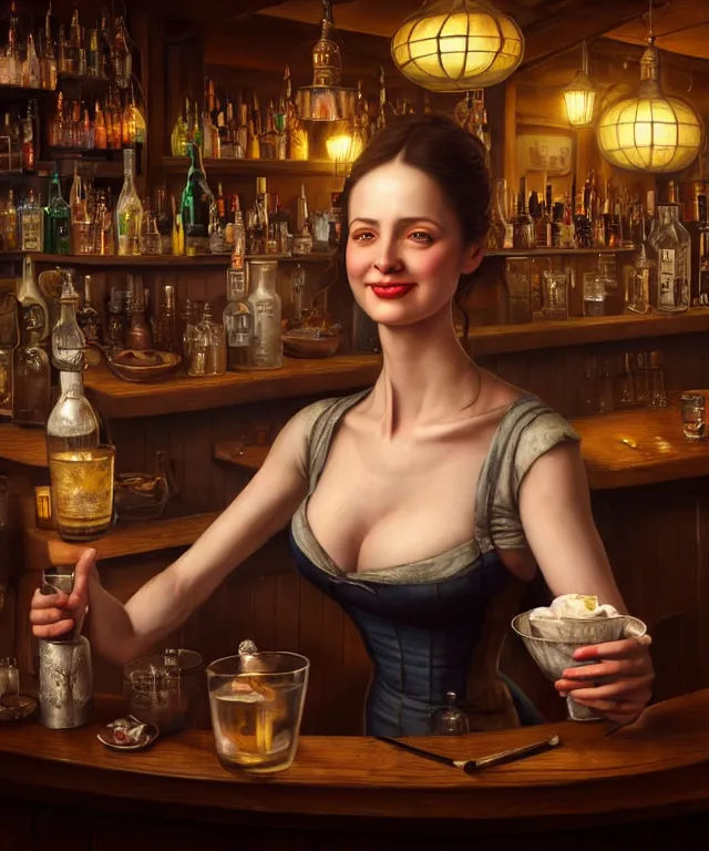 Image similar to hyperrealistic mixed media painting of a beautiful smiling charismatic barmaid, dimly lit cozy tavern, relaxed pose, serving customers at bar, medieval period, stunning 3d render inspired art by Gerald Brom and Anna Dittmann + perfect facial symmetry + dim volumetric lighting, 8k octane beautifully detailed render, post-processing, extremely hyperdetailed, intricate, epic composition, grim yet sparkling atmosphere, cinematic lighting + masterpiece, trending on artstation, very very detailed, masterpiece, stunning