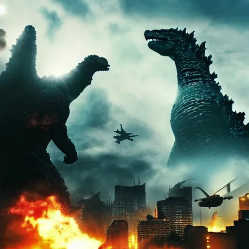 Prompt: photograph of Godzilla destroying a futuristic city, military helicopters in the sky, smoke and destruction, highly detailed, photorealistic