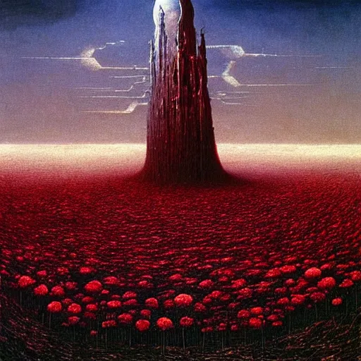 Image similar to the dark tower in a field of roses, surrealism, cosmic western, masterpiece oil painting, beksinski, barlowe