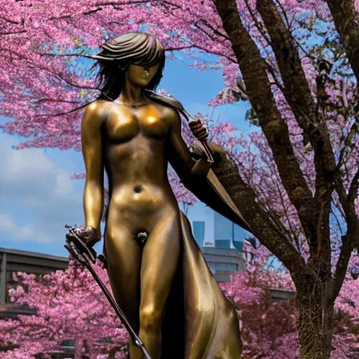 Image similar to bronze statue of a cyberpunk anime woman with an umbrella and a samurai sword kneeling next to a cherry blossom tree