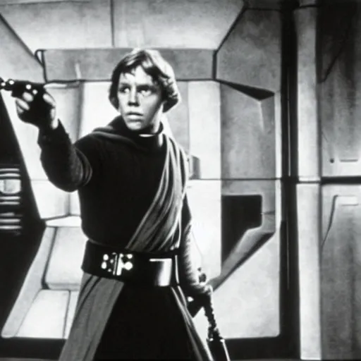 Image similar to Luke Skywalker attempts to stop the Death Star in the silent movie version of Star Wars (1921) by Fritz Lang, in front of a set reminiscent of Metropolis