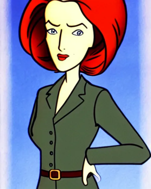 Image similar to an animation cel of dana scully, in the style of g. i. joe ( 1 9 8 3 )