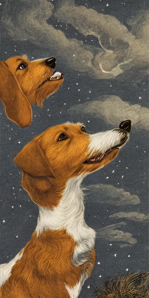 Image similar to portrait of jack russel dog looking up and howling with mouth open sad, night sky, highly detailed, side view, illustrated by peggy fortnum and beatrix potter and sir john tenniel