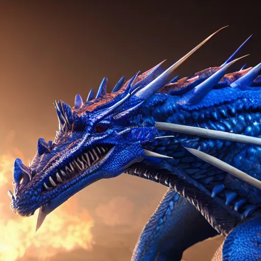 Prompt: perfectly accurate cobalt colored dragon from game of thrones breathing fire in winter, fine detail, lifelike, photo, high resolution, octane render, post processing, after effects, trending on artstation