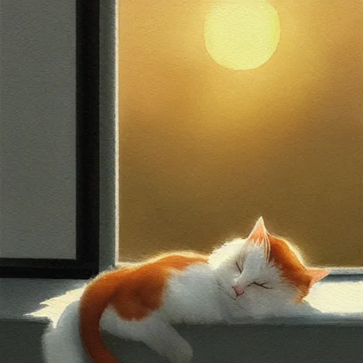 Image similar to head and shoulders masterpiece portrait of a cute adorable cat sleeping on a window sill at sunset, digital art watercolor by krenz cushart and hayao miyazaki and kuniyoshi utagawa, trending on artstation, cgsociety, rich vivid color
