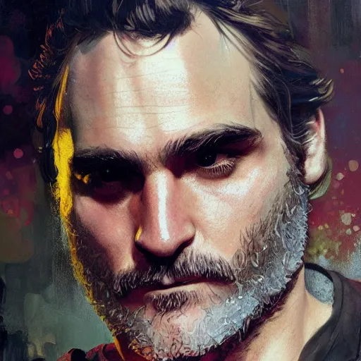 Image similar to joaquin phoenix, hyperrealistic portrait, bladerunner street, art of elysium by jeremy mann and alphonse mucha, fantasy art, photo realistic, dynamic lighting, artstation, poster, volumetric lighting, very detailed face, 4 k, award winning