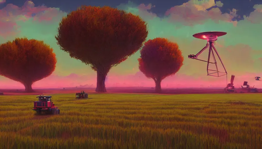 Image similar to colourful sky, wheat field, futuristic harvesters, big tree, matte painting, art station, digital art, simon stalenhag