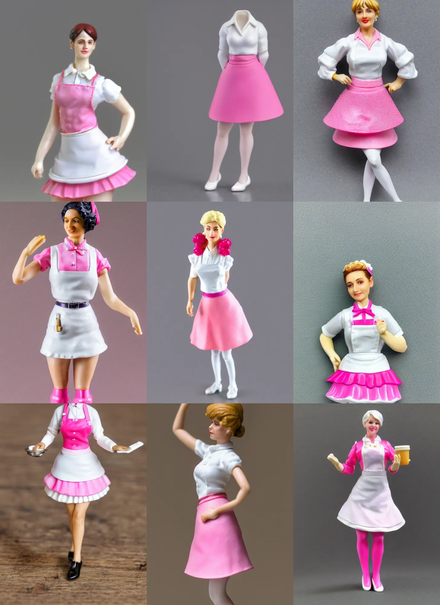 Prompt: 80mm resin detailed miniature of a Waitress woman, white blouse, Pink mini-skirt, apron, White tights, on textured base; Miniature product Photos, 4K, Full body;