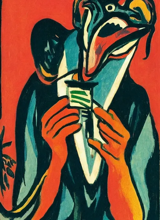 Prompt: a boa constrictor trying to get the last bit of toothpaste out of the tube, ernst ludwig kirchner