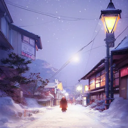 Prompt: walking around snow covered ozu city and shimonad station, ehime, japan. volumetric lighting, clear winter night, realistic illustration, perfectly shaded, soft painting, art by krenz cushart and wenjun lin