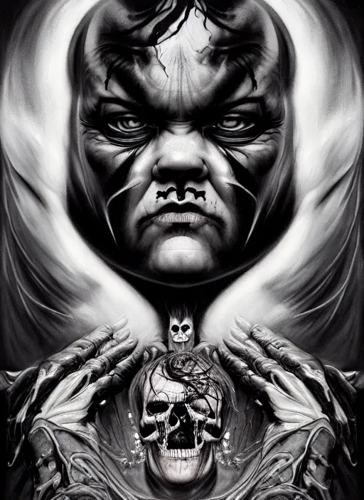 Image similar to a dream portrait jack black as god of the death, black & white, melting, webbing, 8 k, by tristan eaton, stanley artgerm, tom bagshaw, greg rutkowski, carne griffiths, ayami kojima, beksinski, giger, trending on deviantart, face enhance, hyper detailed, minimalist, horror, alien