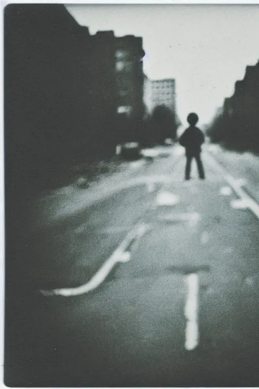 Image similar to photo polaroid of a sad and lonely child in the middle of a road of a city devastated by bombs , has a gun in his hand, loneliness,war, black and white ,photorealistic, 35mm film,