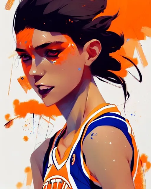 Image similar to a ultradetailed beautiful panting of a stylish girl in a knicks jersey, by conrad roset, greg rutkowski and makoto shinkai, trending on artstation