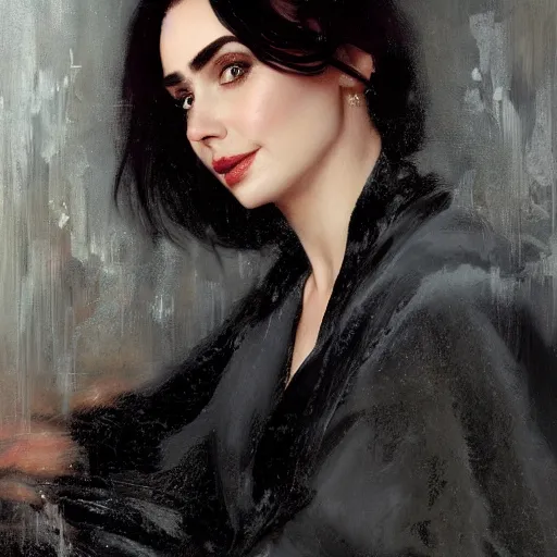 Image similar to detailed realistic cinematic wide shot of beautiful attractive lilly collins woman wearing black bath robe slim face symettrical face clean skin black eyes black robe smooth, sharp focus, ultra realistic, spring light, painting by gaston bussiere, craig mullins, j. c. leyendecker