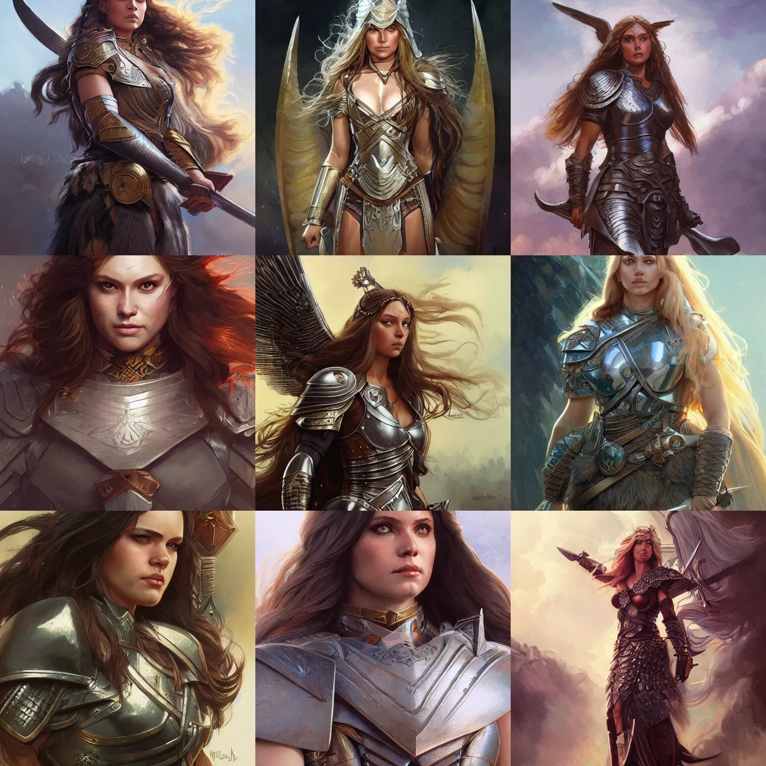 Prompt: long-haired valkyrie, armored, fantasy, D&D, portrait, highly detailed, digital painting, artstation, concept art, sharp focus, illustration, art by artgerm and greg rutkowski and alphonse mucha