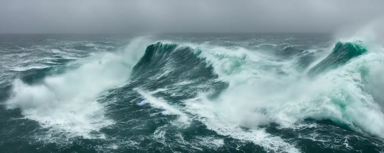 Image similar to 4 0 0 meter monster wave about to crash, green waters, storm, dramatic ligthting, atmospheric, mega tsunami