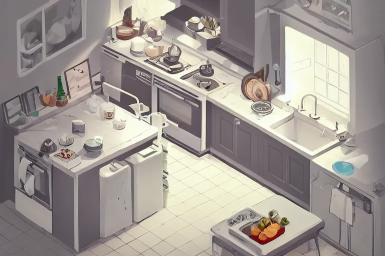 Prompt: cute kitchen, refrigerator, sink, isometric art, white furniture, cool white, bright, artstation, highly detailed, cinematic lighting + masterpiece
