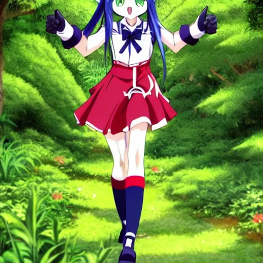 Image similar to Full body portrait of a woman from Highschool DxD wearing a sailor seifuku giving a peace sign in a lush green park, detailed, artstation, by Kyoto Animation and Studio Ghibli and GAINAX