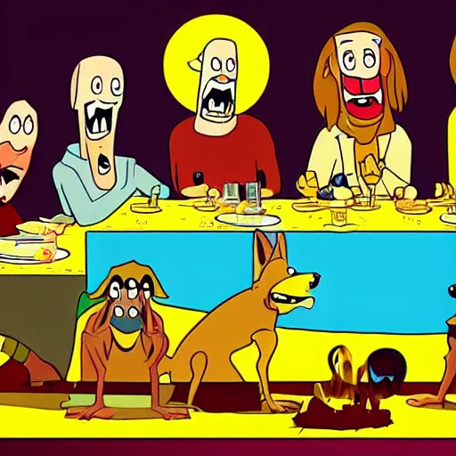 Image similar to the last supper in the style of courage the cowardly dog, detailed, hd, cartoon art,