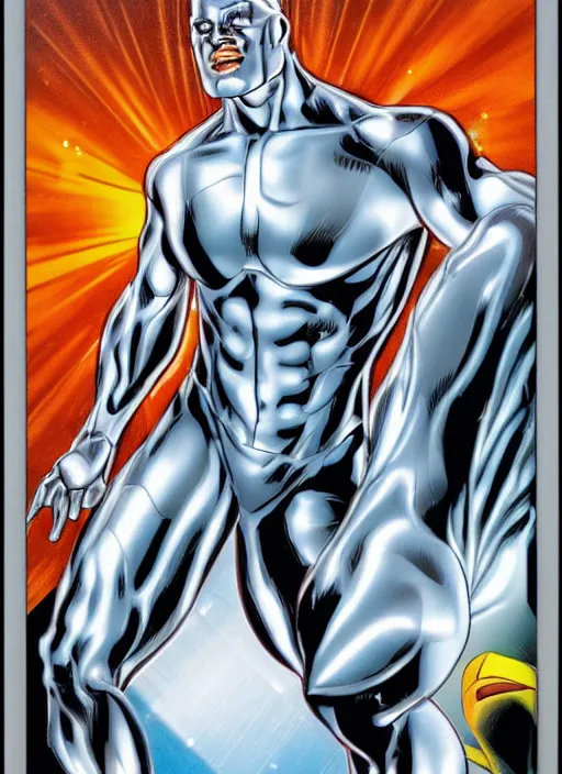 Image similar to A full portrait photo of silver surfer marvel, f/22, 35mm, 2700K, lighting, perfect faces, award winning photography.