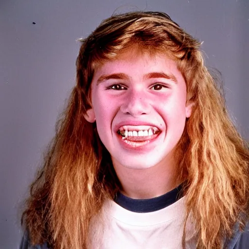 Prompt: high school photograph of a neanderthal with blonde hair and big teeth.