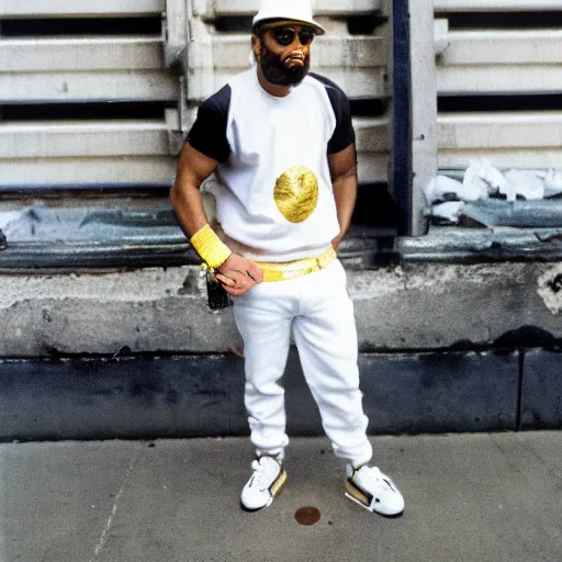 Prompt: 1985 the Bronx in New York. A photographic portrait of a tough rapper wearing a white jogging and white Adidas sneakers and a lot of gold necklace and a white sun hat and holding a gun and a getthoblaster. Gang vibes. Kodachrome. High quality press photography. A bit out of focus. 120mm. Washed out colors. Picture taken in the street of the Bronx. Summer day