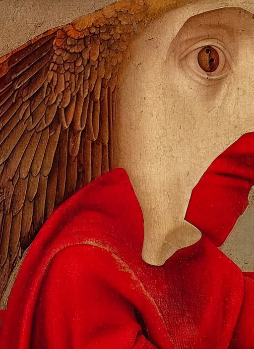 Image similar to profile of a fallen angel dressed in red with wings by Jan van Eyck, Hieronymus Bosch, Johannes Vermeer 4k post-processing, highly detailed medieval painting