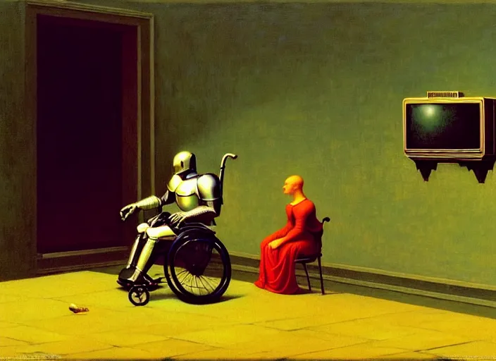 Image similar to knight in rich armor in a wheelchair do tricks & watch old tv, rome, highly detailed, soft lighting, elegant, by edward hopper and james gillard, zdislaw beksinski, stephen outram, andreas m wiese, carl spitzweg, syd mead, highly detailed, masterpiece, unreal 6, 8 k