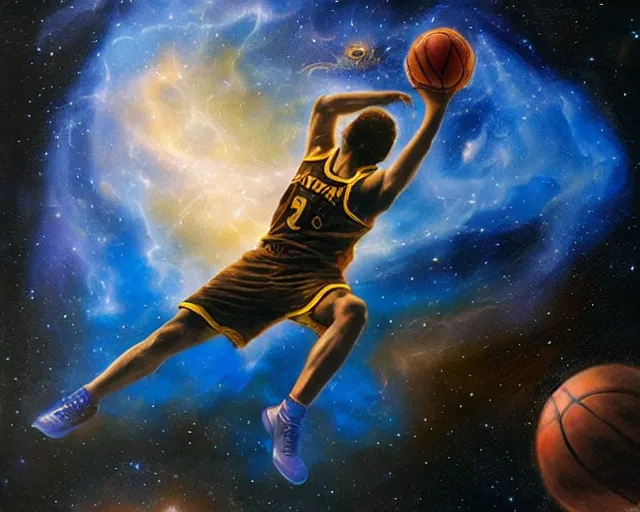 Prompt: cosmic basketball player dunking a basketball hoop in a nebula, an oil painting, by ( leonardo da vinci ) and greg rutkowski and rafal olbinski ross tran airbrush